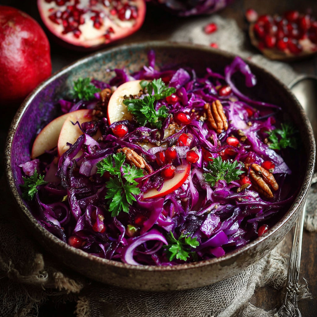 A bowl of food with red cabbage and apples.