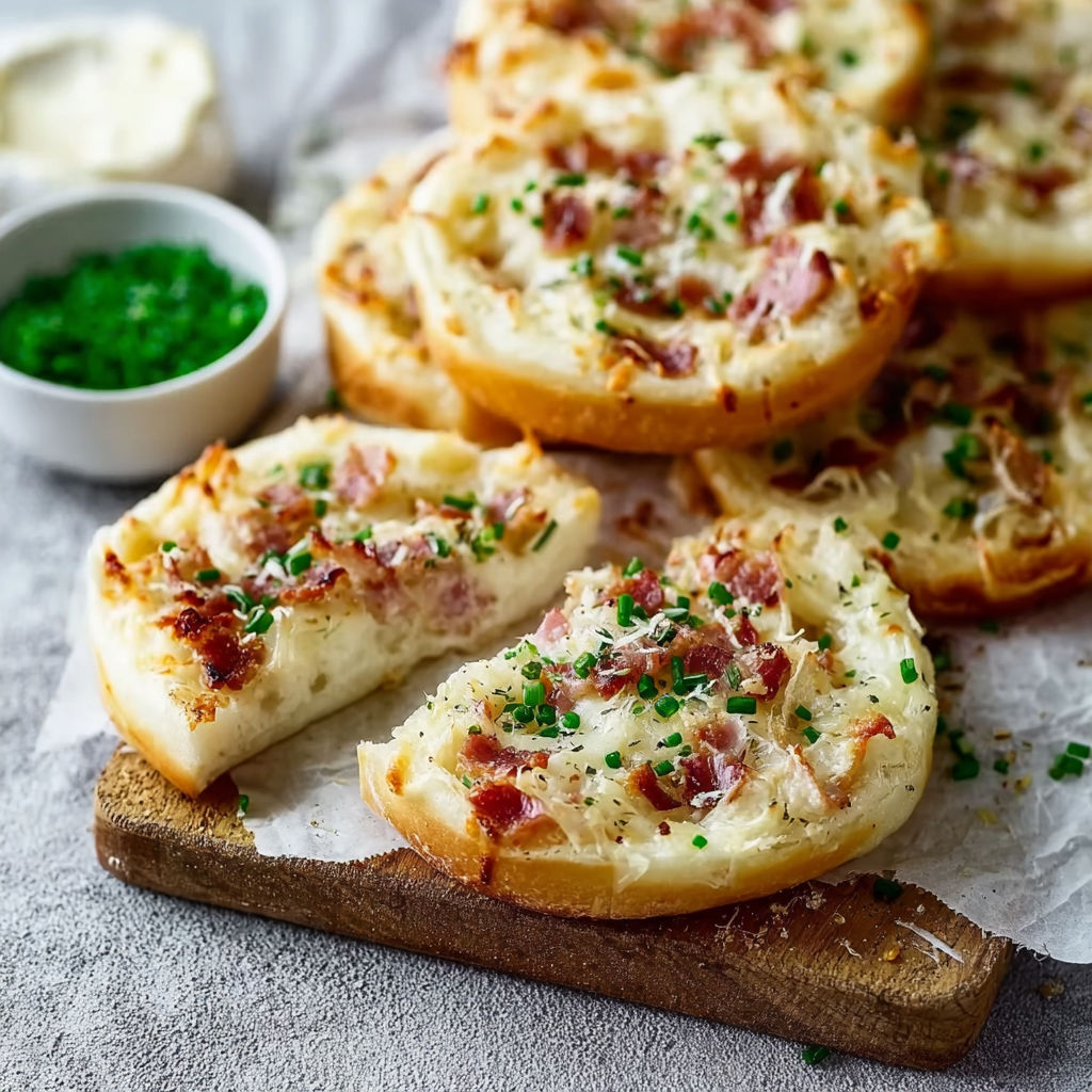 A plate of bread with bacon and cheese.