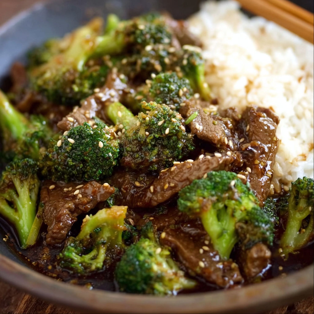 A bowl of Chinese beef and broccoli.