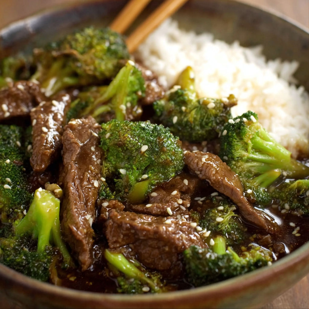 A bowl of beef and broccoli.