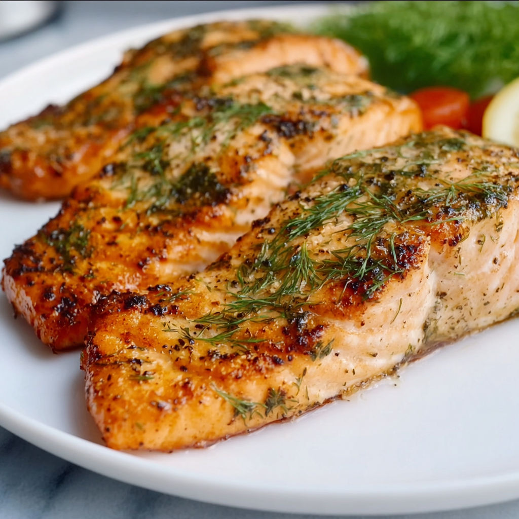 Two pieces of grilled salmon on a white plate.