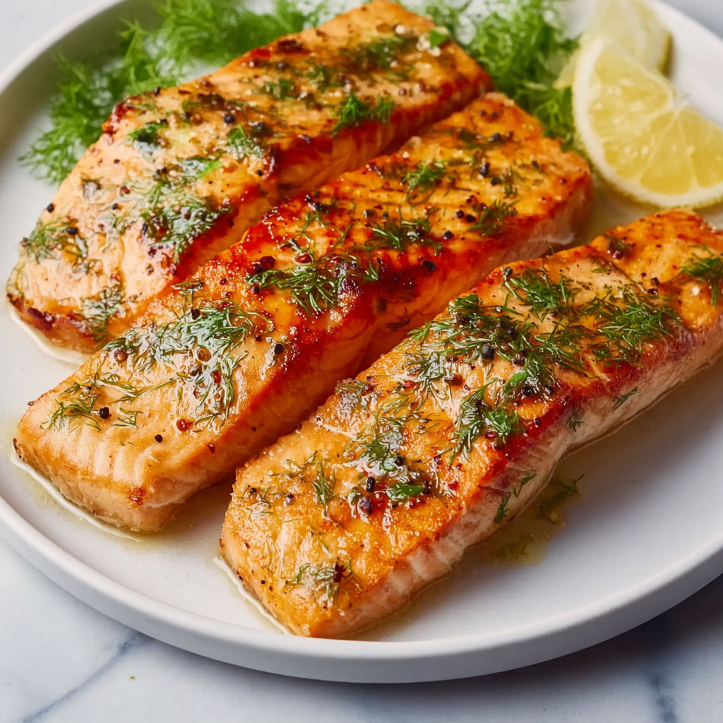 Two pieces of fish with herbs on top.