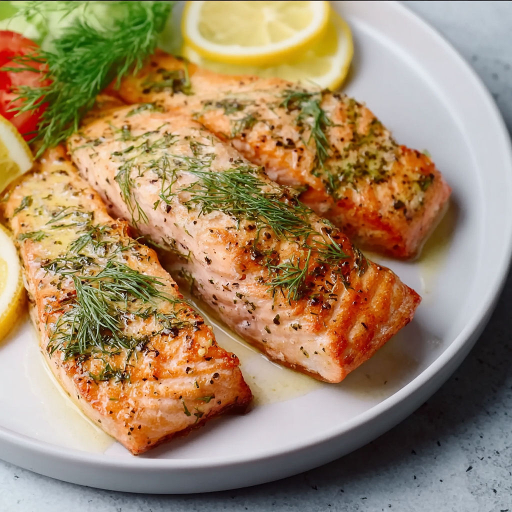 A plate of fish with lemon slices on top.