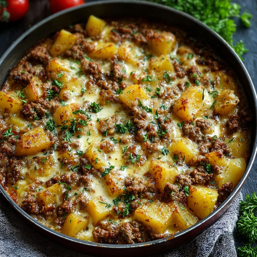 A pan of food with potatoes and meat.