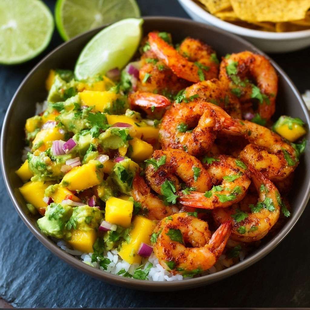 A bowl of shrimp with mango and avocado salsa.