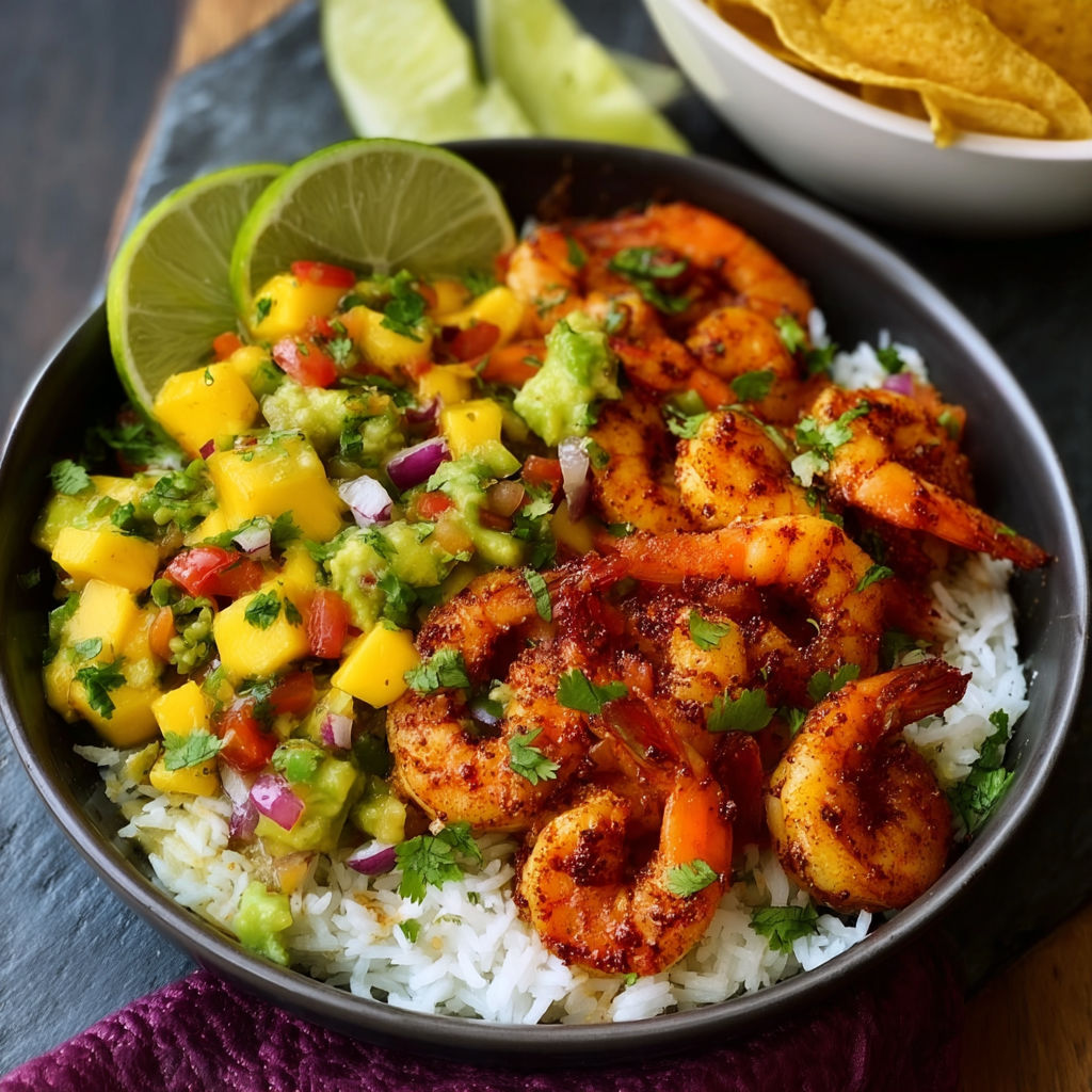 A bowl of shrimp with mango, avocado, and salsa.