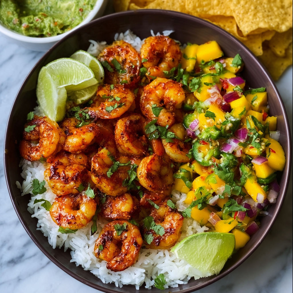 A bowl of shrimp with rice and mango salsa.