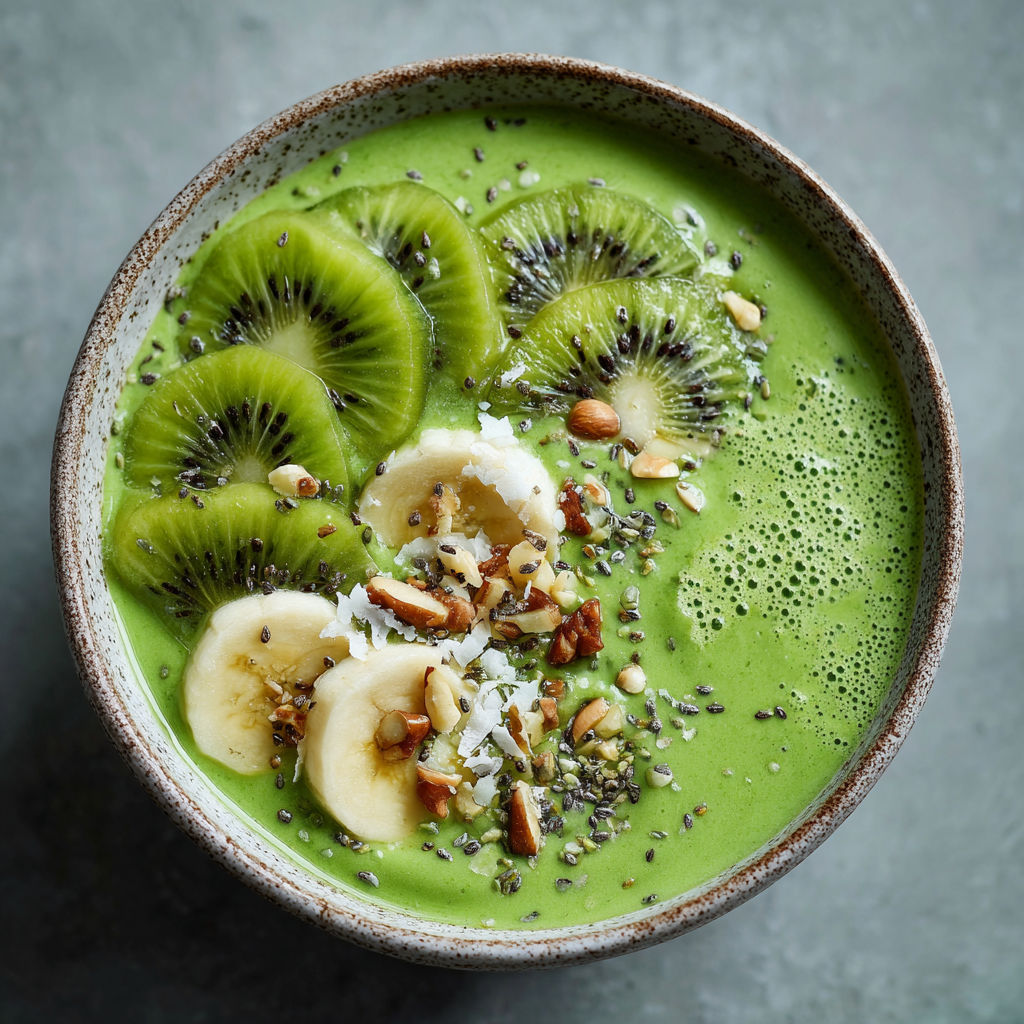 A bowl of green smoothie with bananas and kiwi.