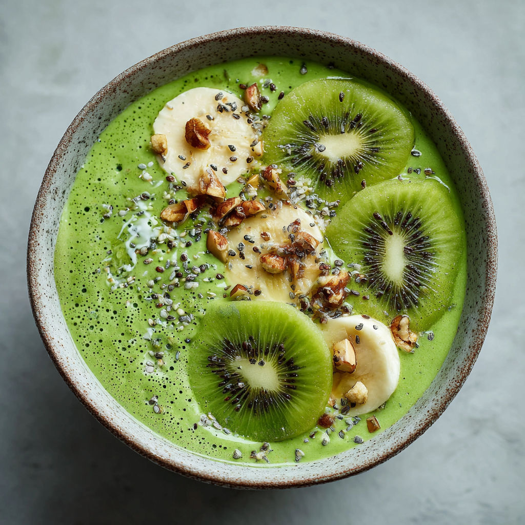 A bowl of green smoothie with banana slices and kiwi.