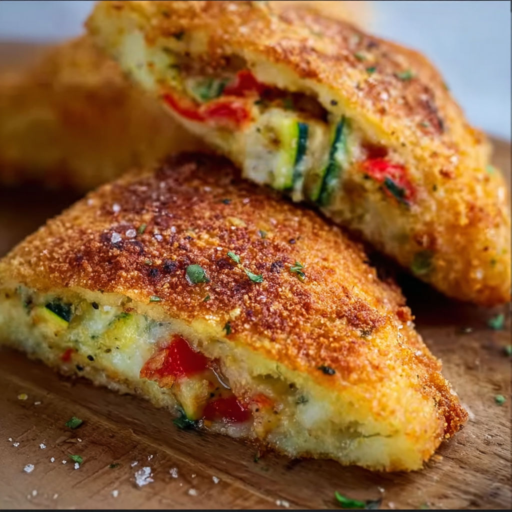 A sandwich with a slice of zucchini and tomato.