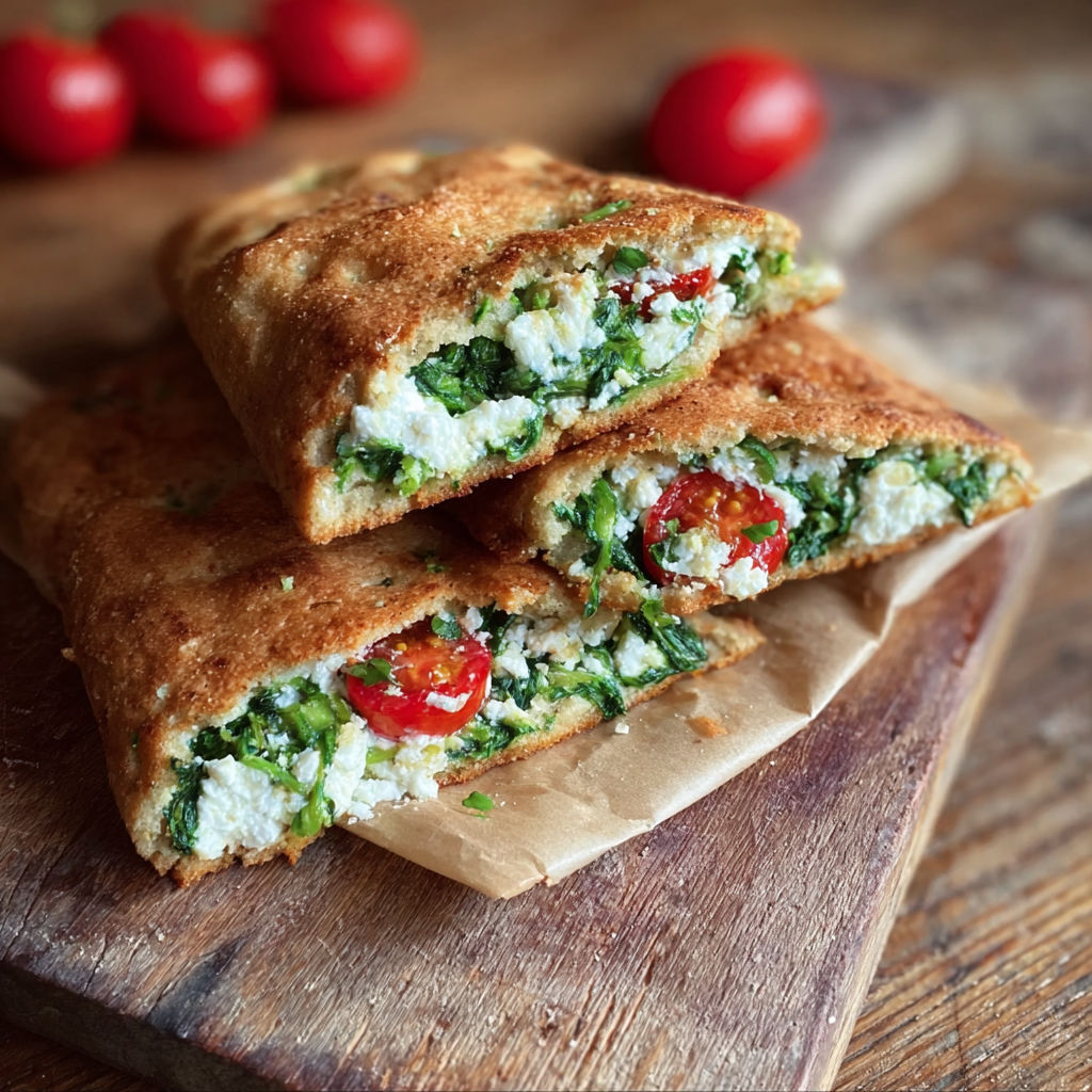 A protein pfannenbrot sandwich with tomatoes and spinach.