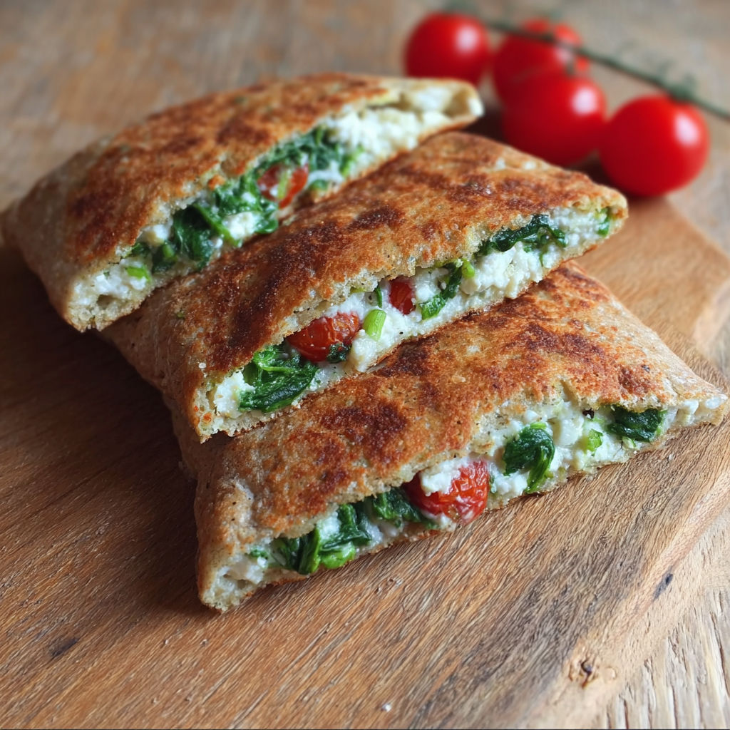 A sandwich with tomatoes and spinach on a wooden table.