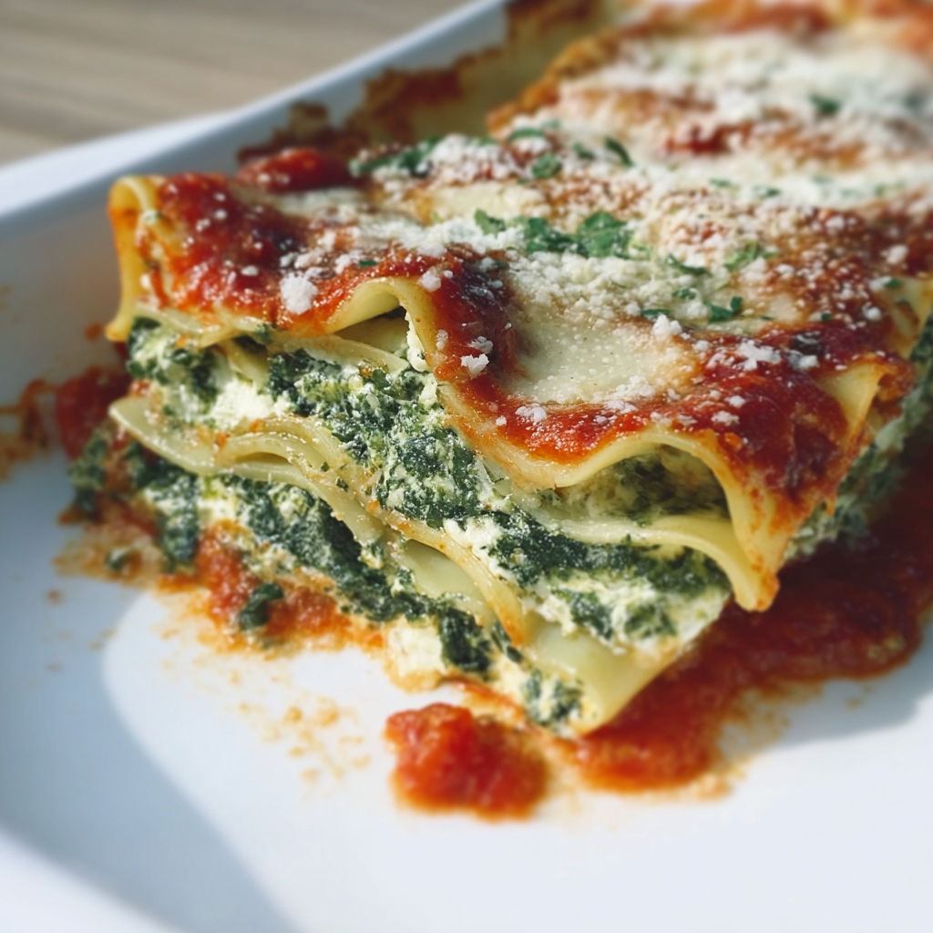 A close up of a lasagna with spinach and cheese.