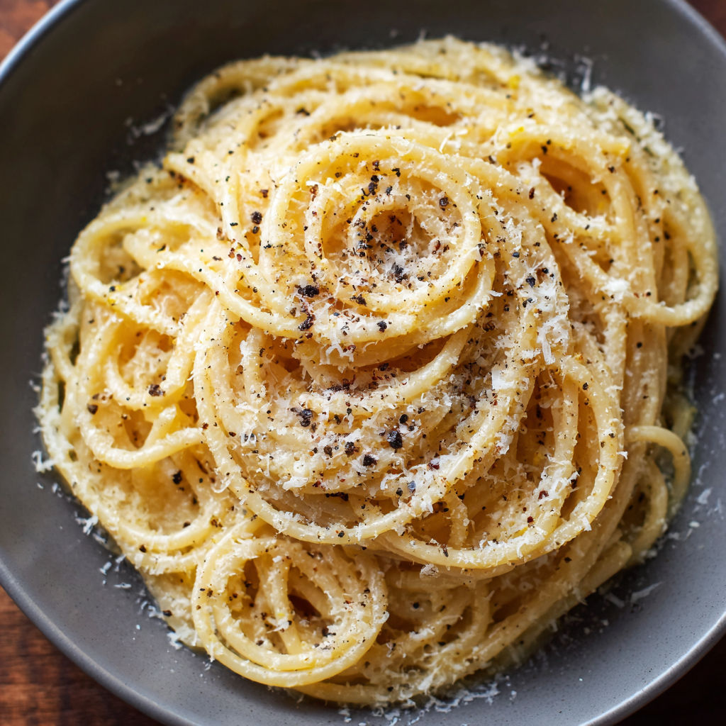 A bowl of pasta with cheese and pepper.