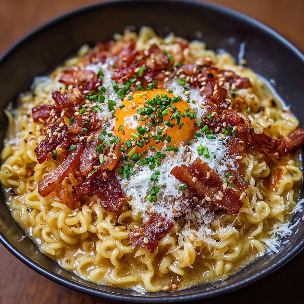 A bowl of Ramen Carbonara with bacon, egg, and cheese.