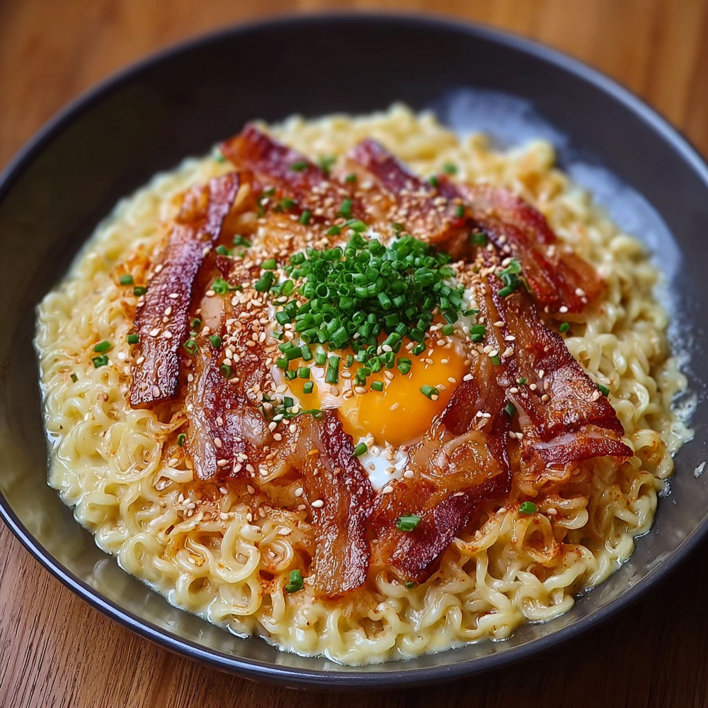 A bowl of noodles with bacon and an egg on top.