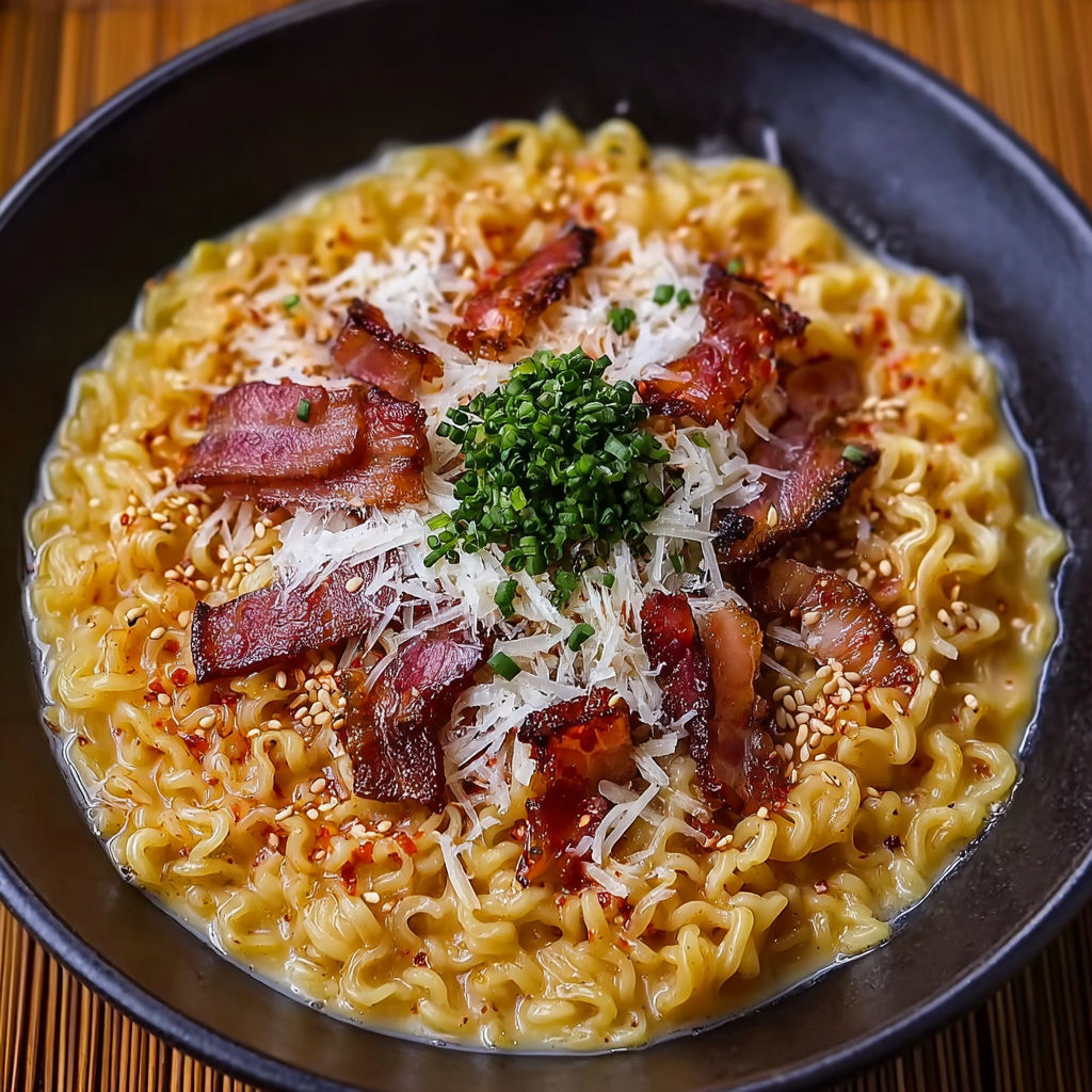 A bowl of noodles with bacon and cheese.