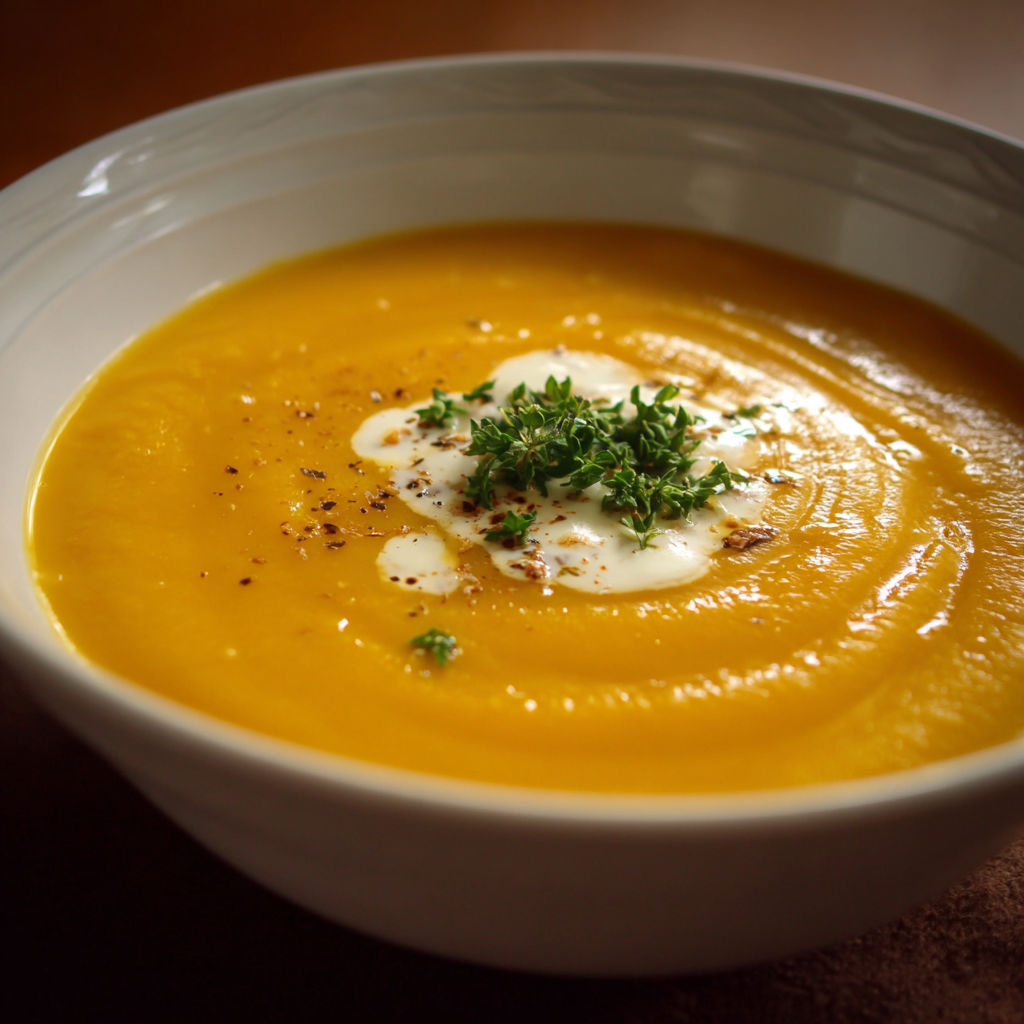 A bowl of soup with a spoon in it.