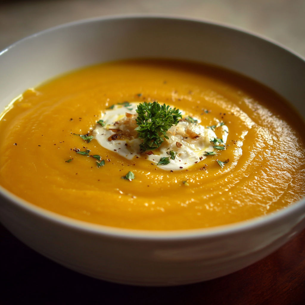 A bowl of soup with a green herb on top.
