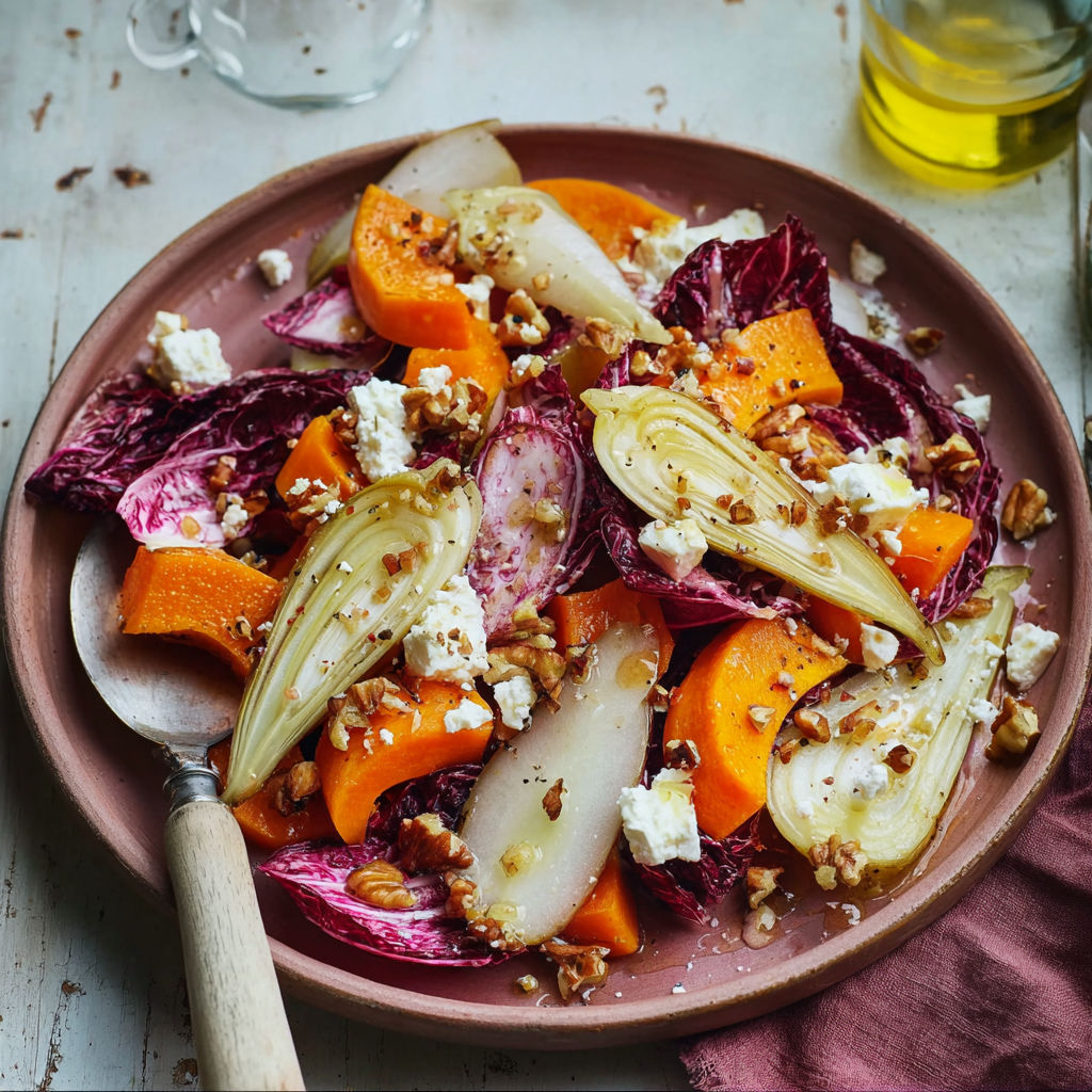 A plate of food with feta cheese, walnuts, and carrots.