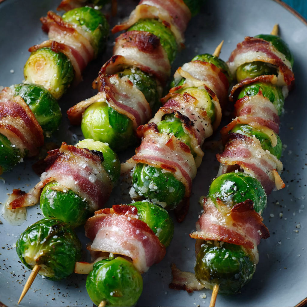Bacon wrapped brussel sprouts on a plate.
