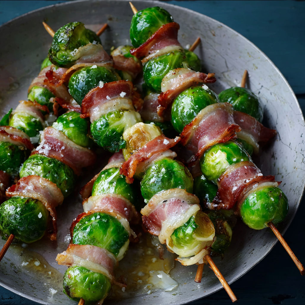 A plate of bacon wrapped brussels sprouts.