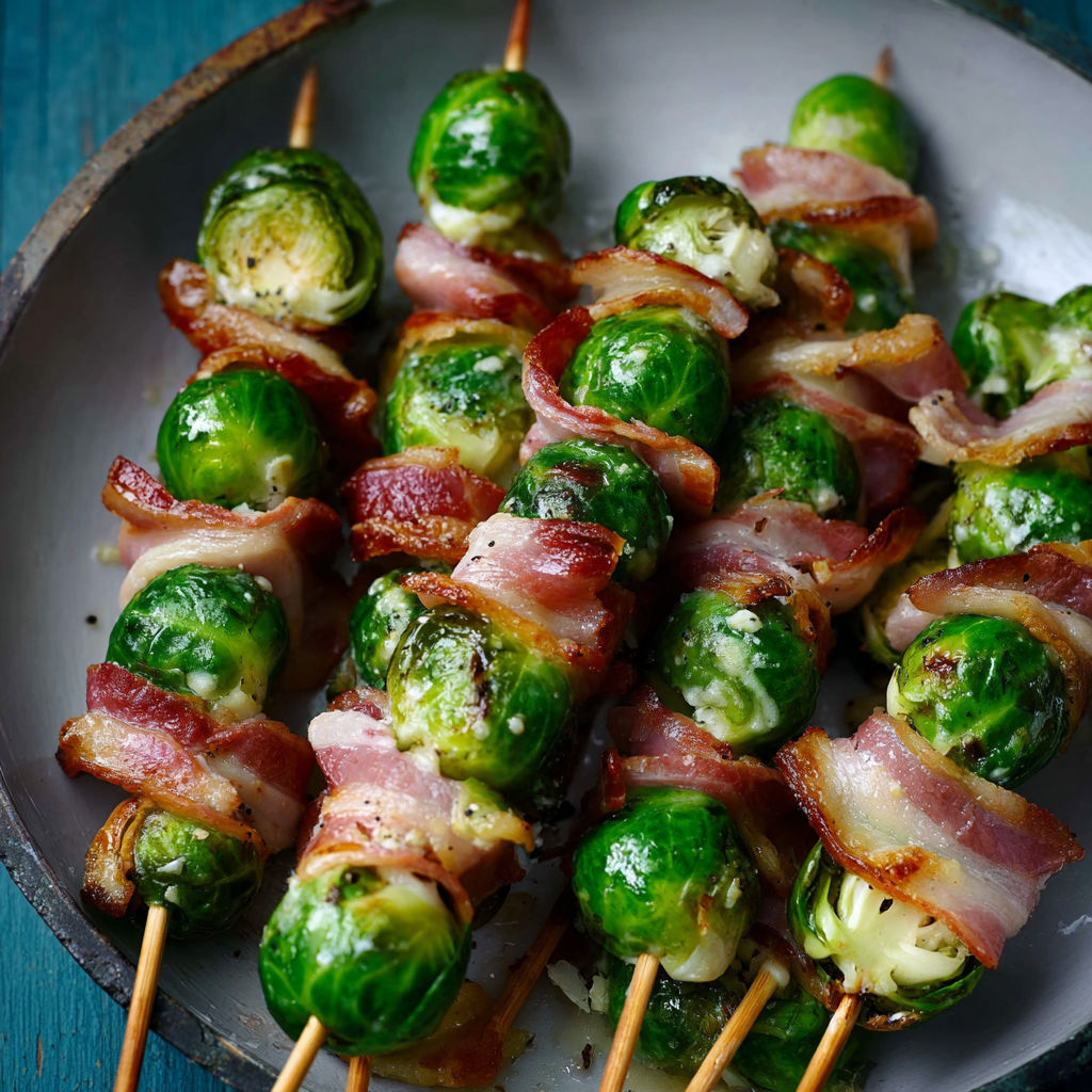 A plate of bacon wrapped brussels sprouts.