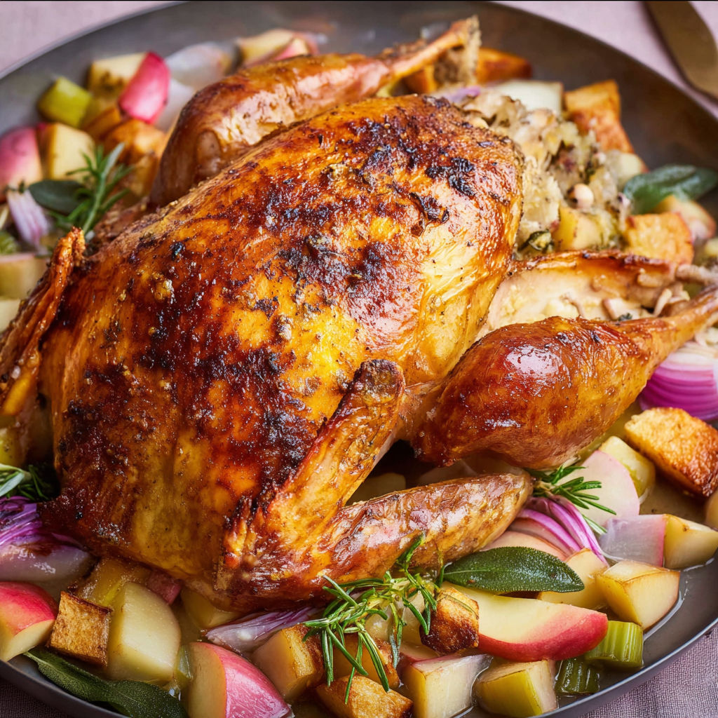 A roasted chicken with a side of apple-roasted bread.