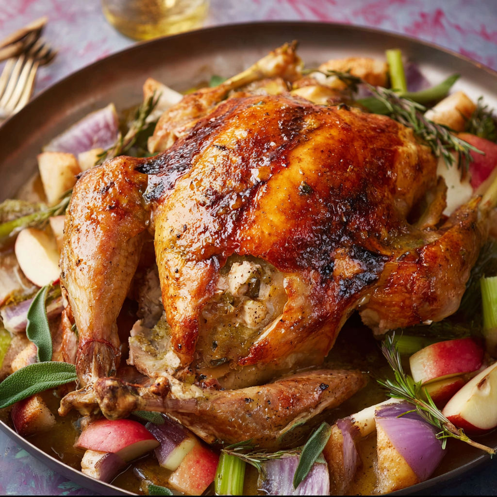 A roasted chicken with a side of apples and onions.