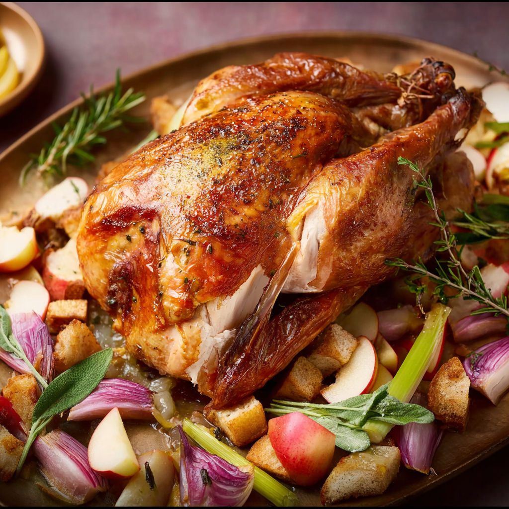 A roasted chicken with a side of apples and potatoes.