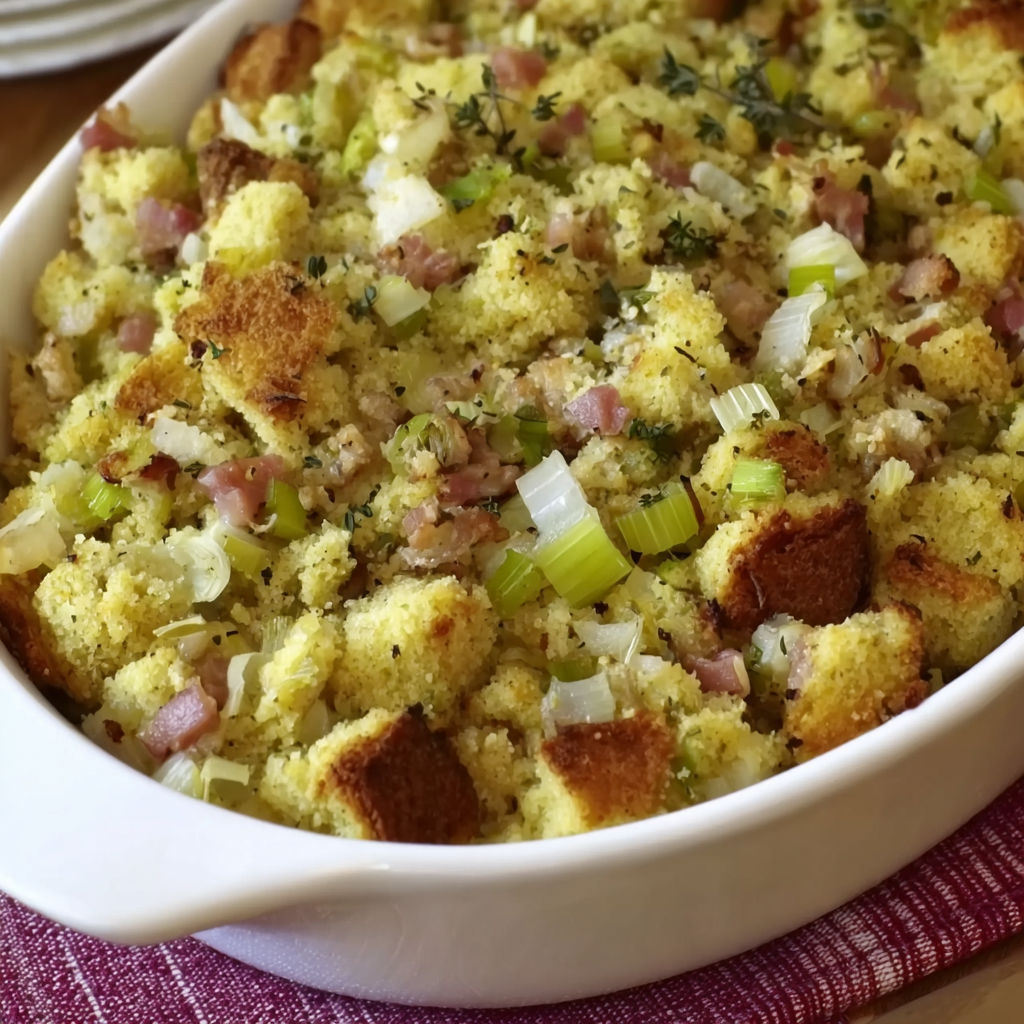 A white bowl filled with a corn, leek and nut stuffing for turkey.
