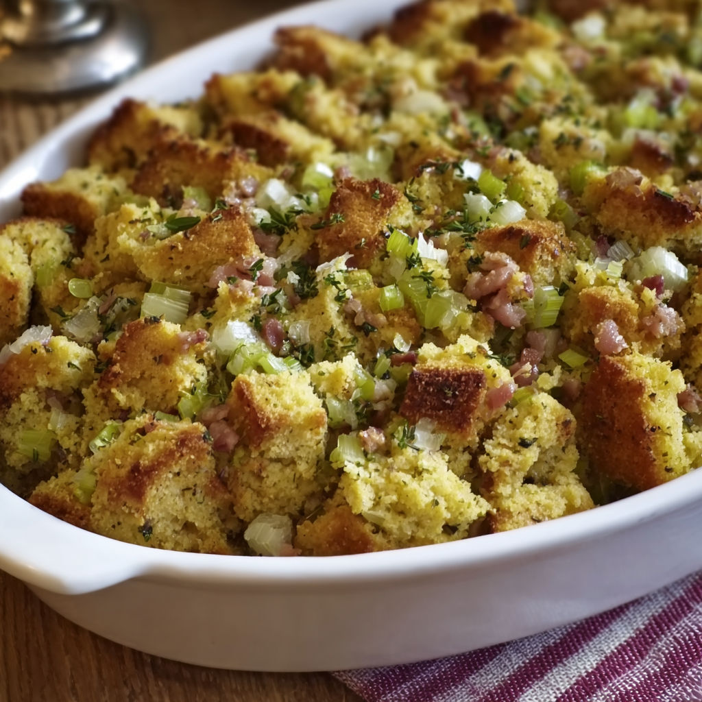 A white bowl filled with a mixture of corn, leek and nut stuffing for turkey.