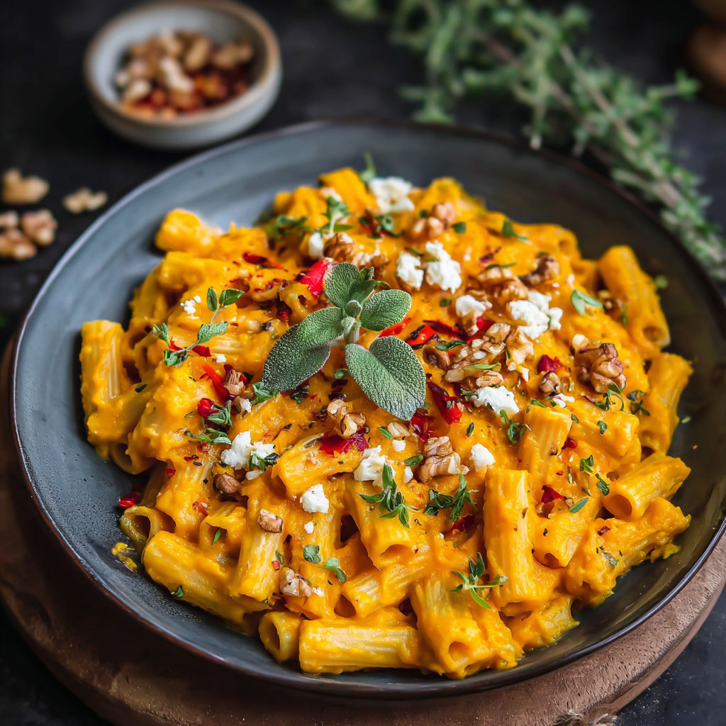 A bowl of pasta with a green herb on top.