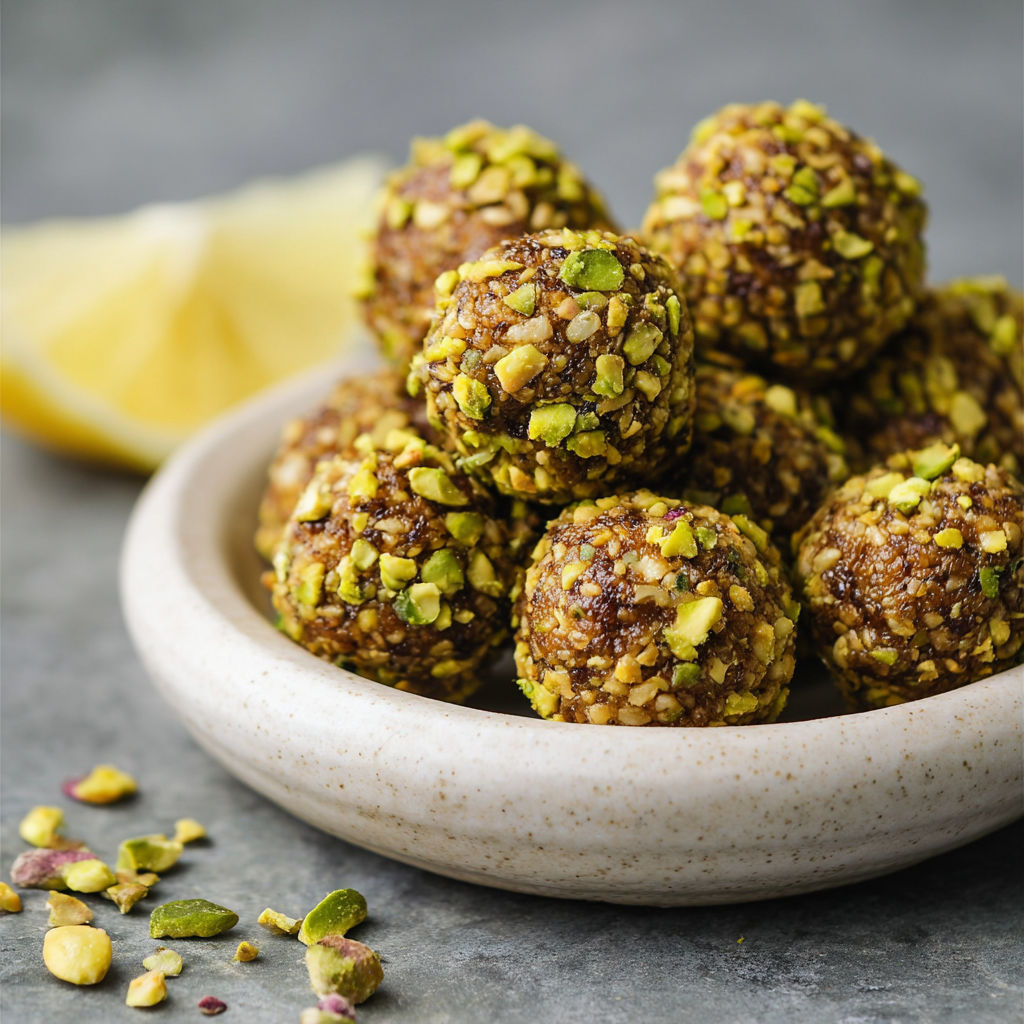 A bowl of balls with a lemon wedge on the side.