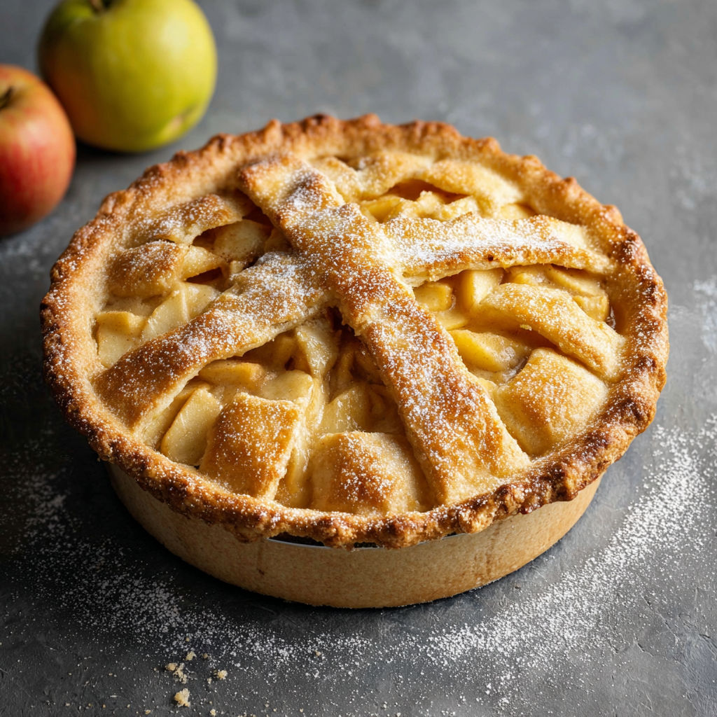 A slice of apple pie with a cross on top.