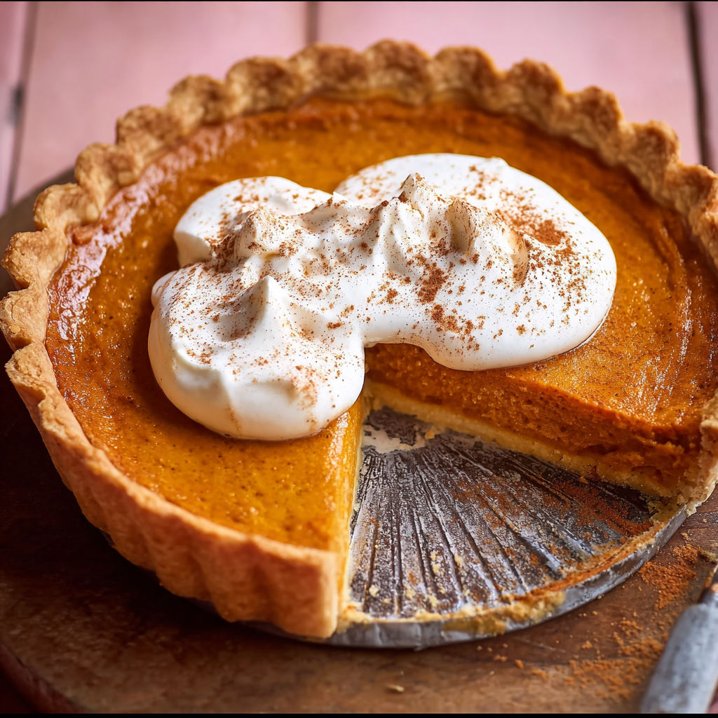 A slice of pumpkin pie with whipped cream on top.