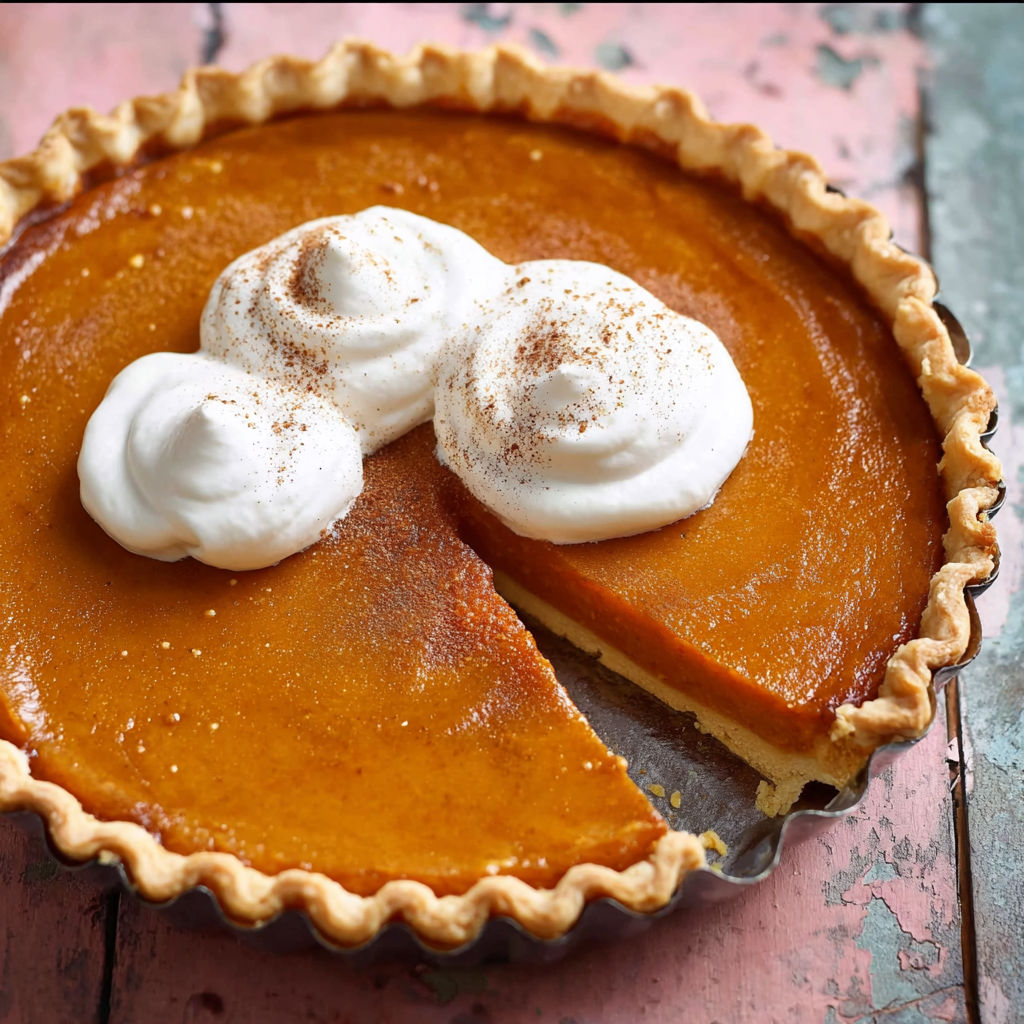 A slice of pumpkin pie with whipped cream on top.