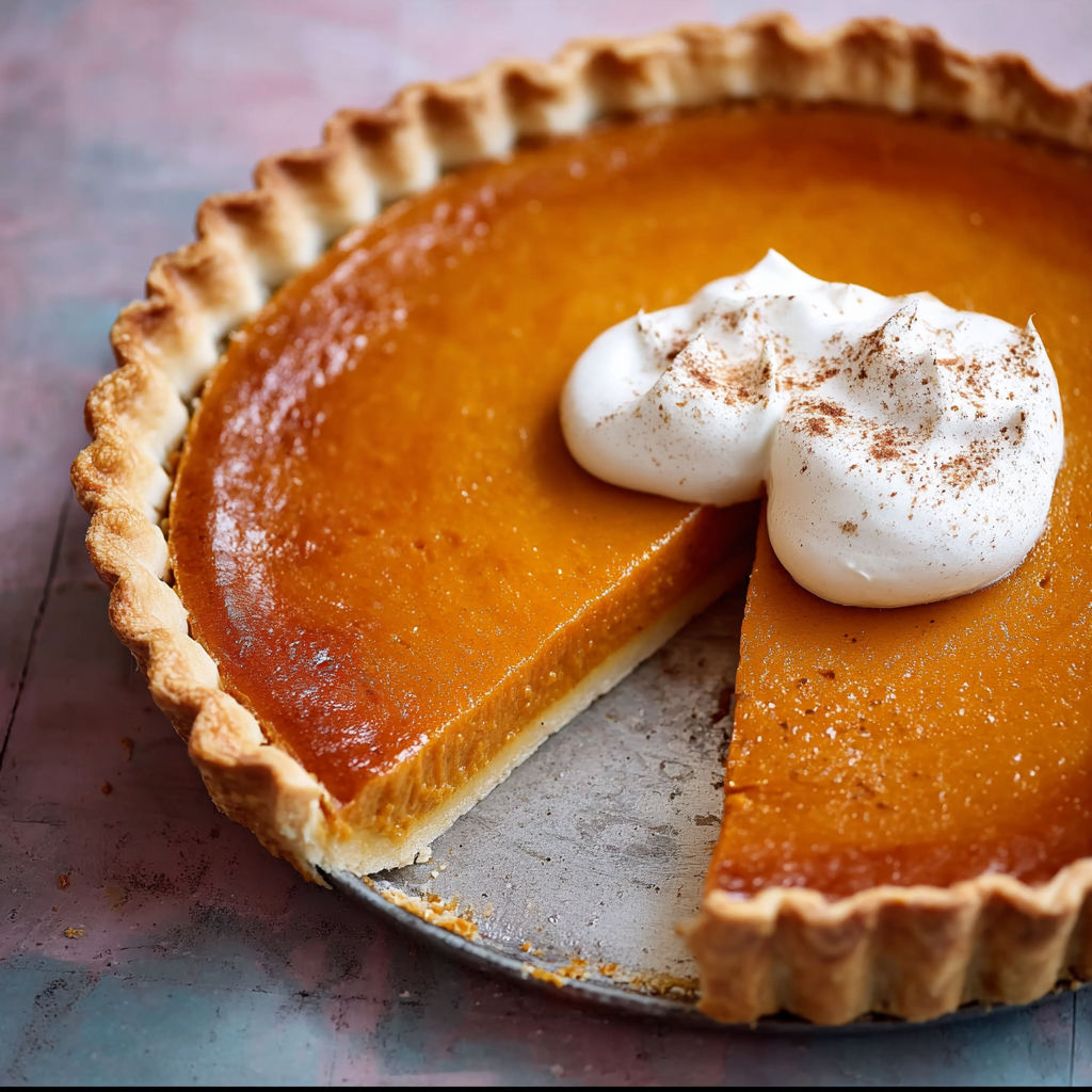 A slice of pumpkin pie with whipped cream on top.
