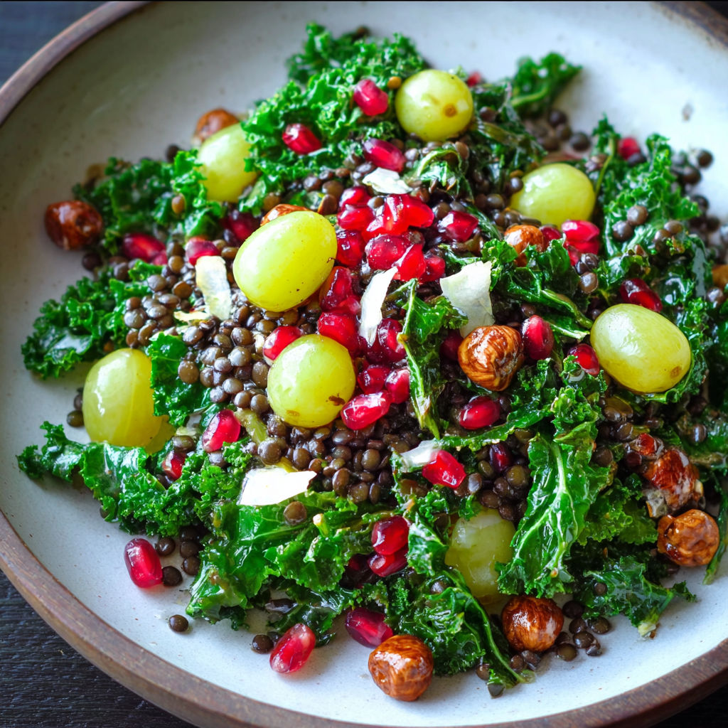 A bowl of salad with red grapes and kale.