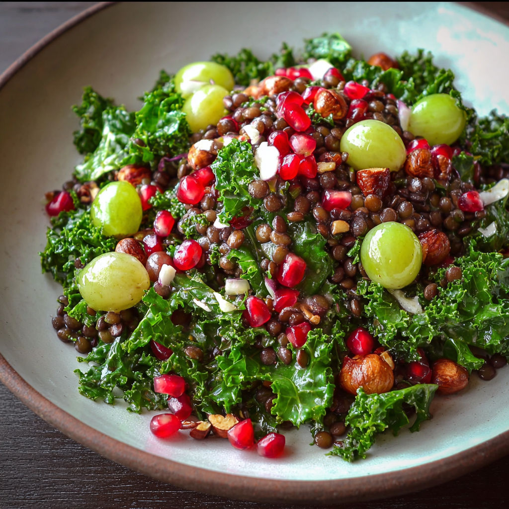 A bowl of salad with grapes, kale, and other vegetables.