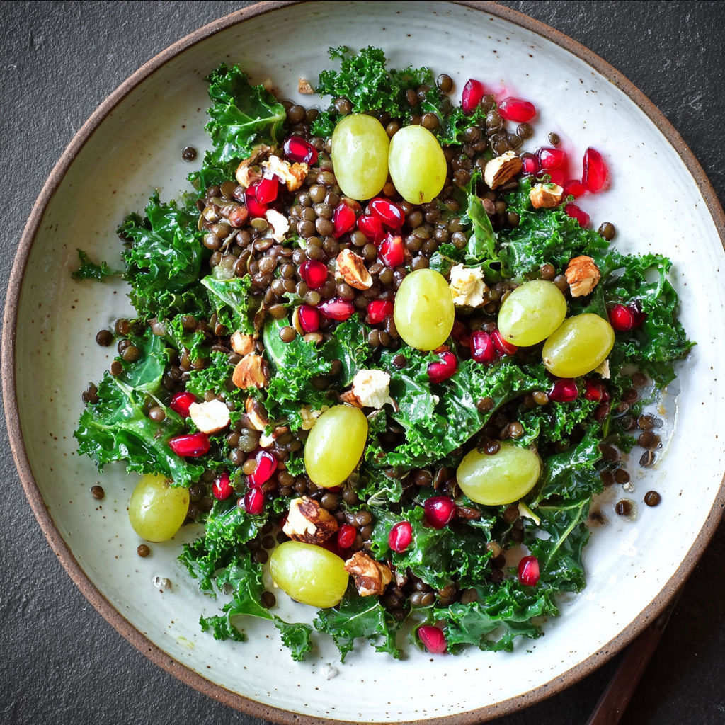 A plate of food with grapes and kale.