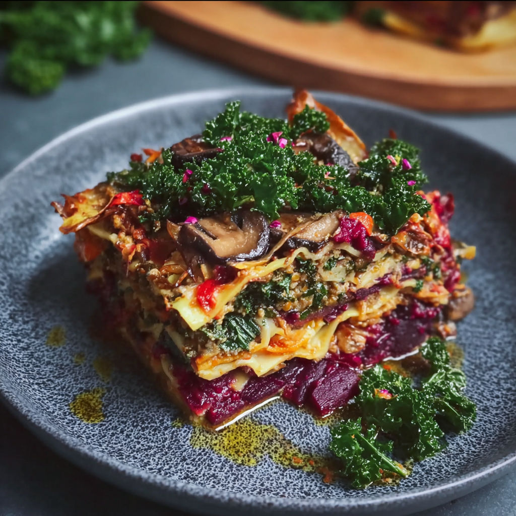 A dish with mushrooms and greens on a plate.