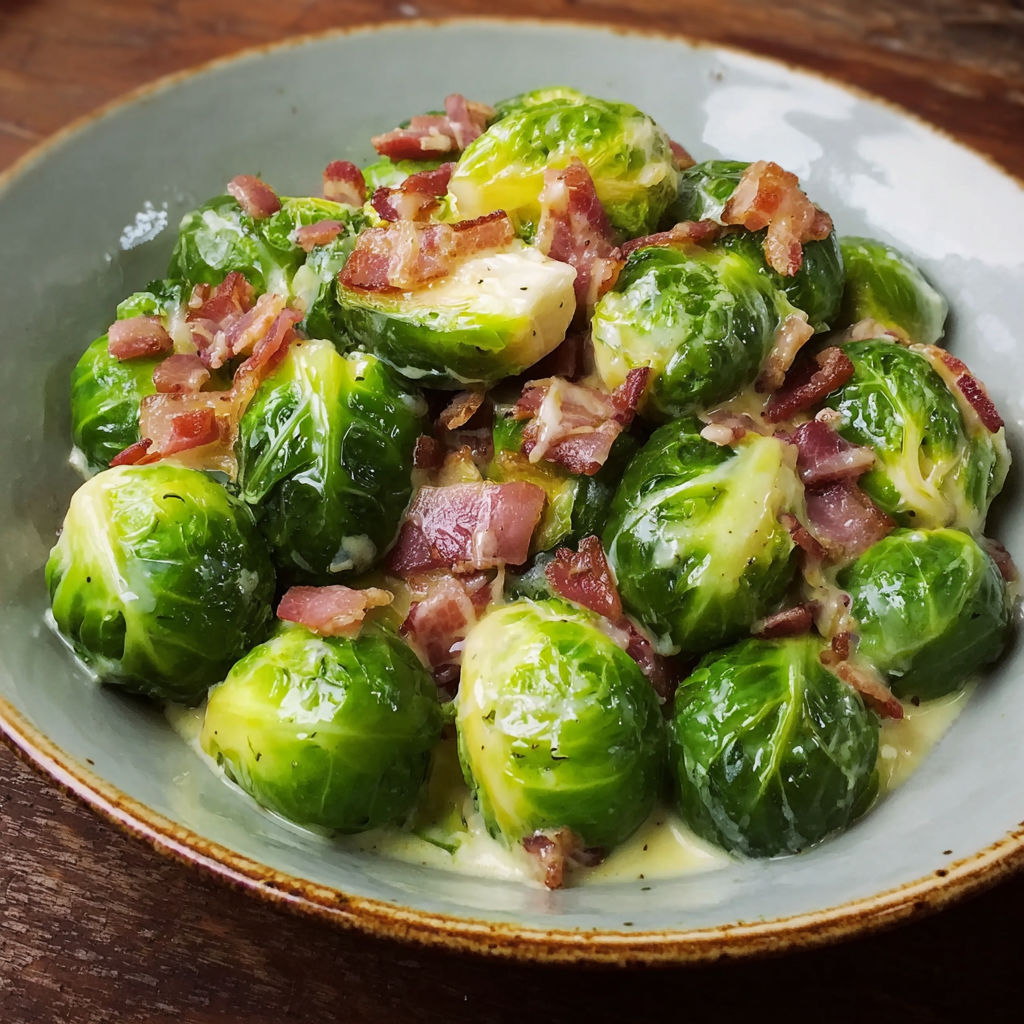 A bowl of bacon and brussels sprouts.
