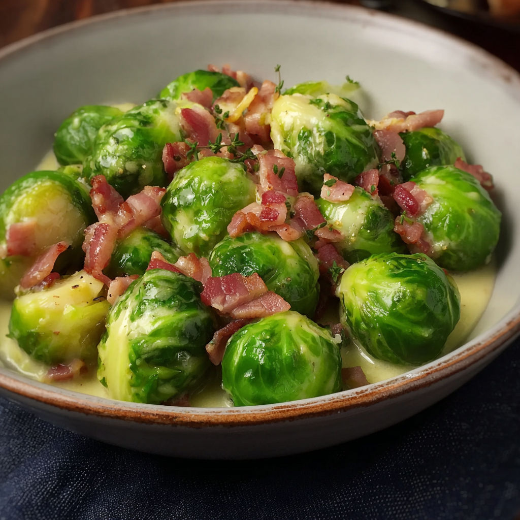 A bowl of bacon and brussels sprouts.