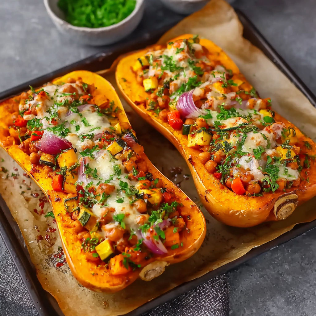 Two vegan butternut squashes with cheese and vegetables.