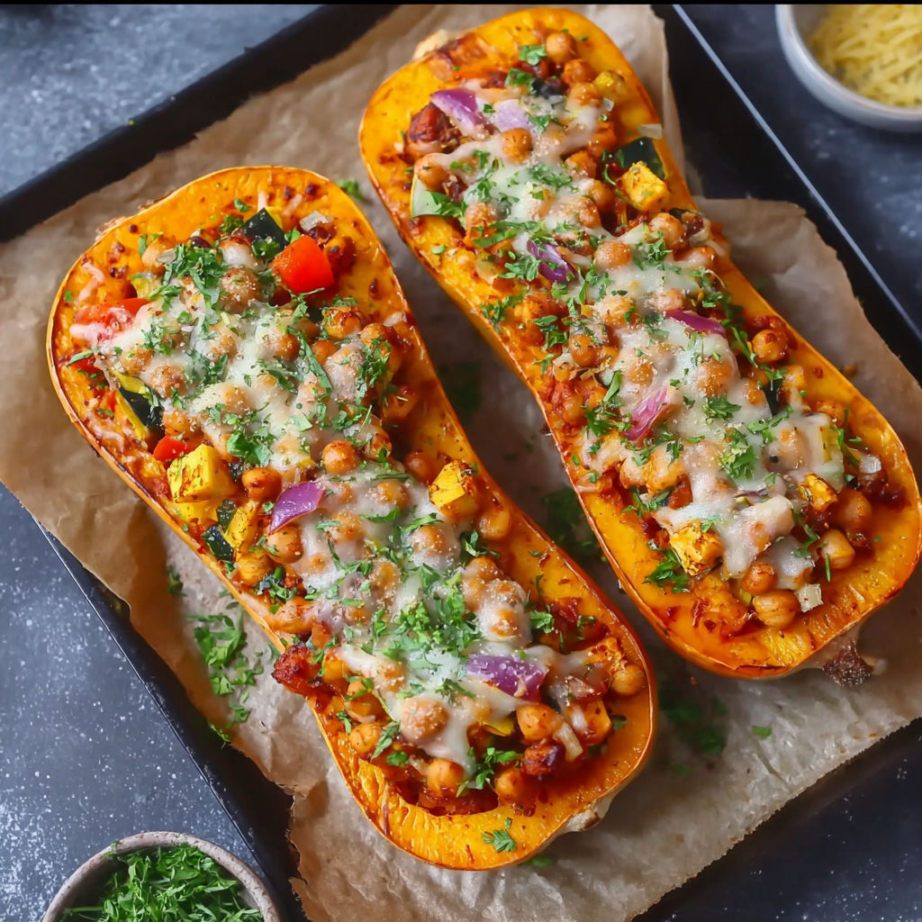 Two slices of pumpkin with cheese and vegetables.