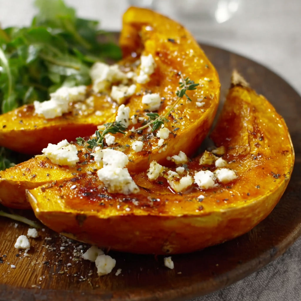 A slice of roasted pumpkin with feta cheese.