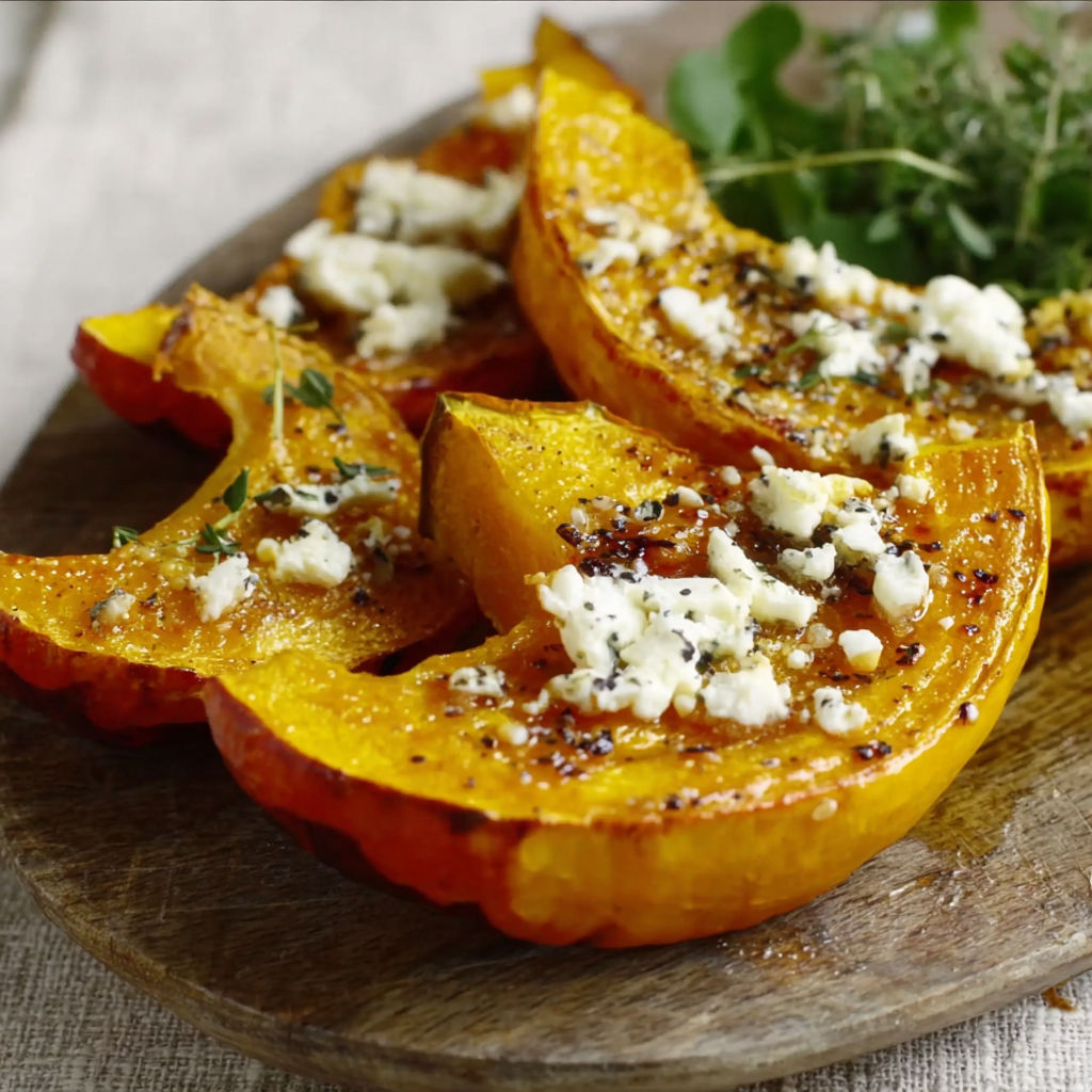 Sliced roasted squash with feta cheese.