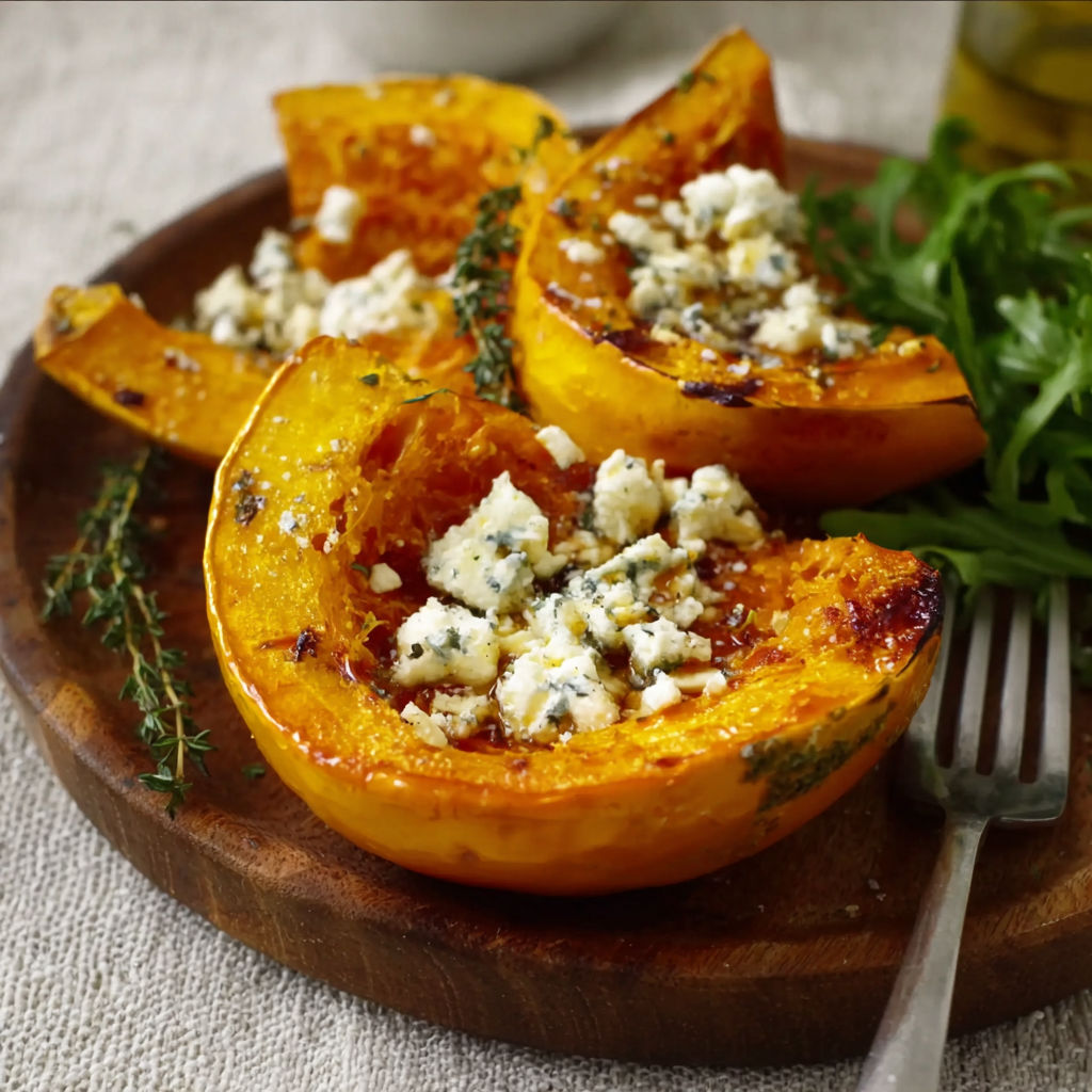 A plate of roasted squash with feta cheese.
