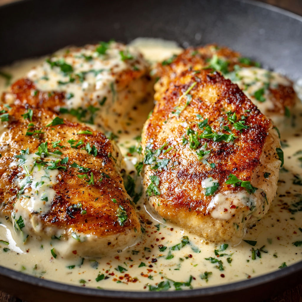 A pan of chicken with a white sauce.